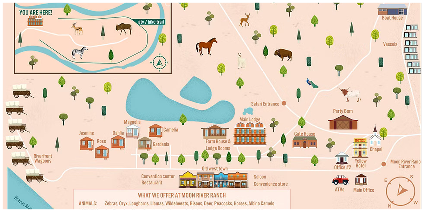 Illustrated ranch property map with points of interest